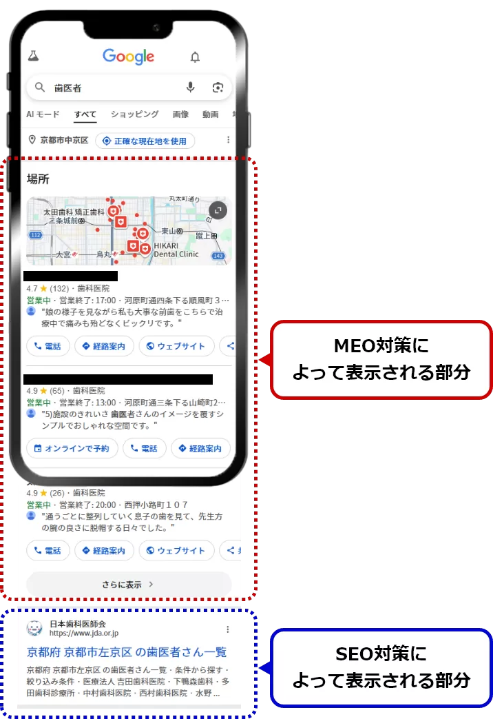 歯医者の検索結果画面